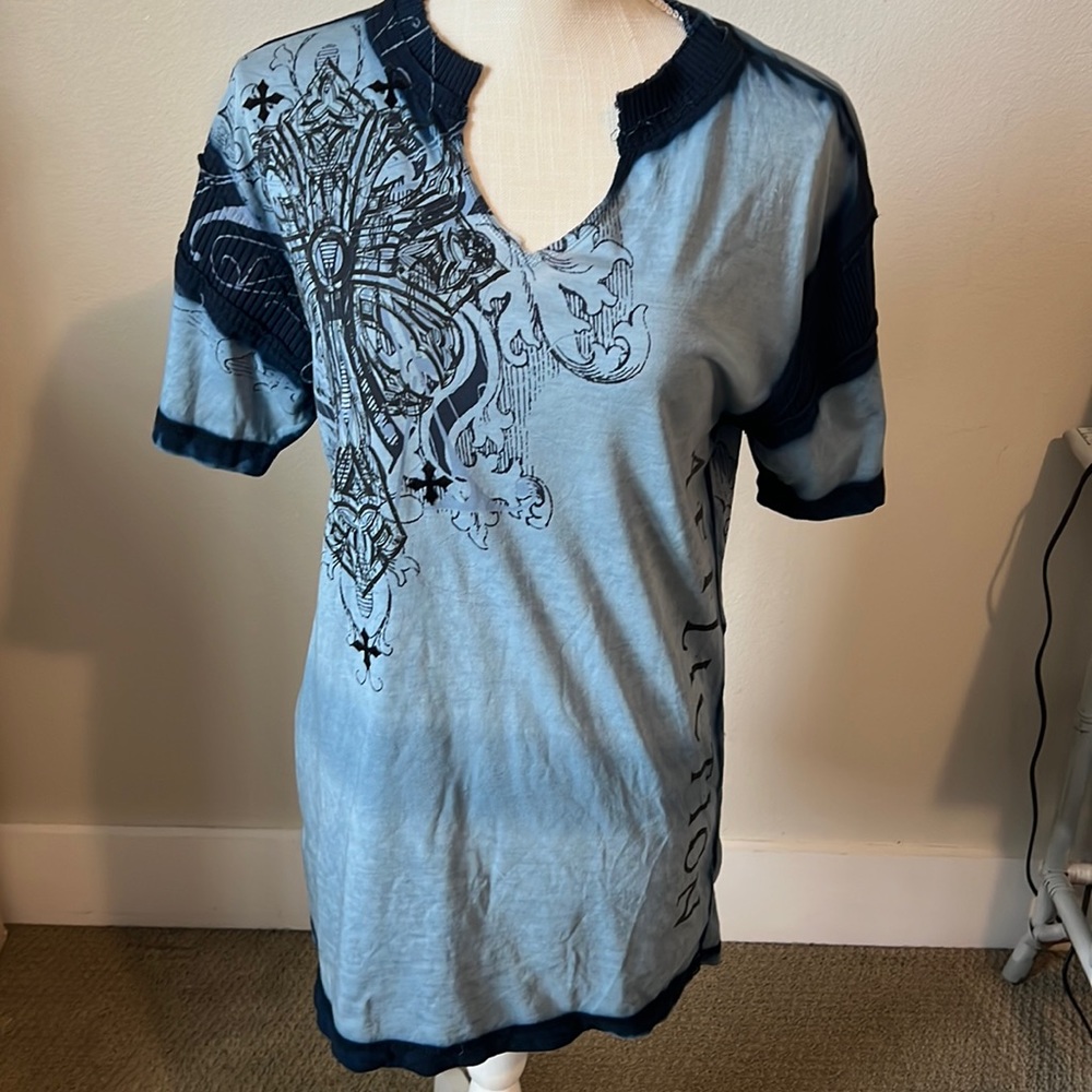 Affliction Blue and Black Short Sleeve Graphic Tee